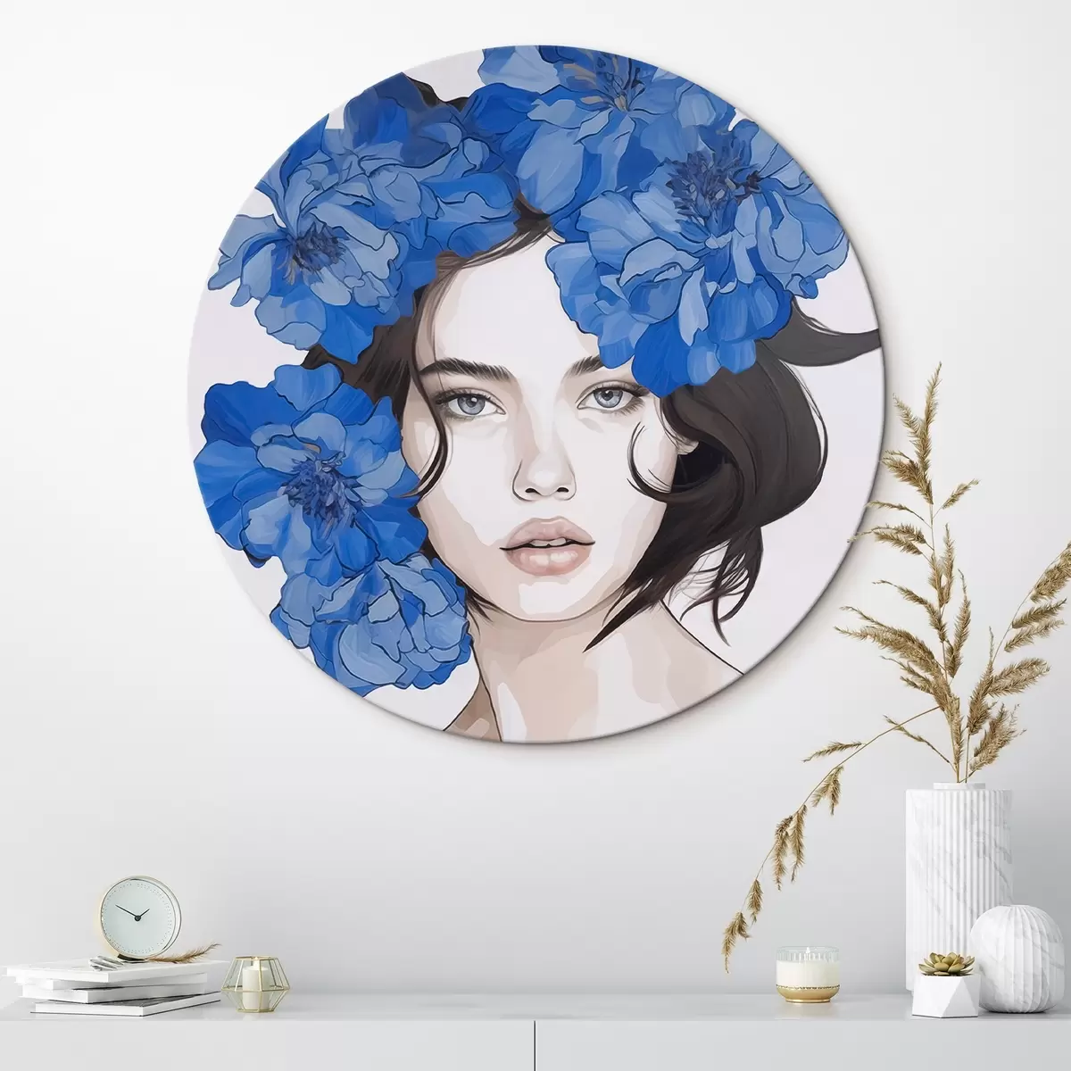 Runde Wandbilder Porträt eines Mädchens mit blauen Blumen r45756
