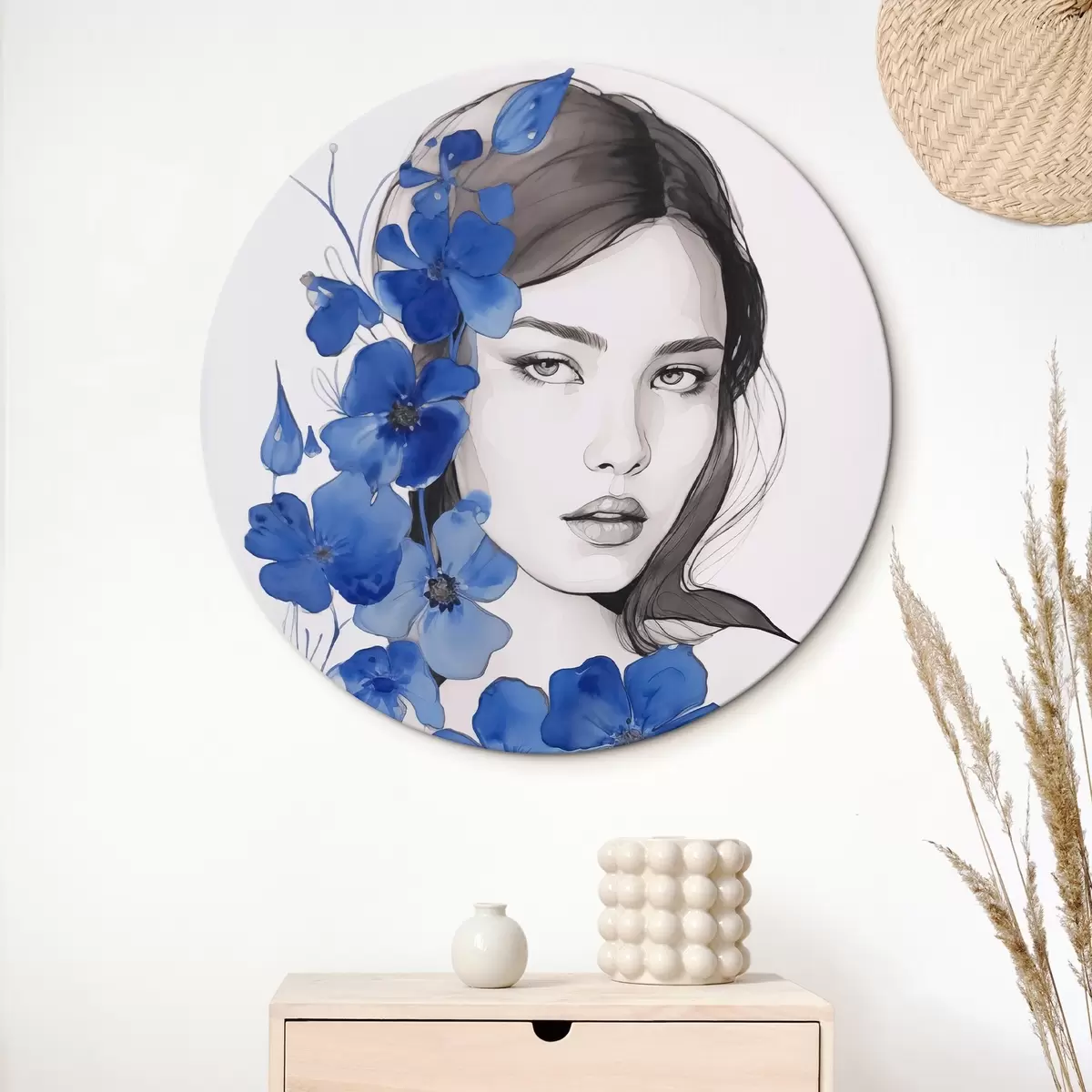 Runde Wandbilder Mädchen und blaue Blumen r45757