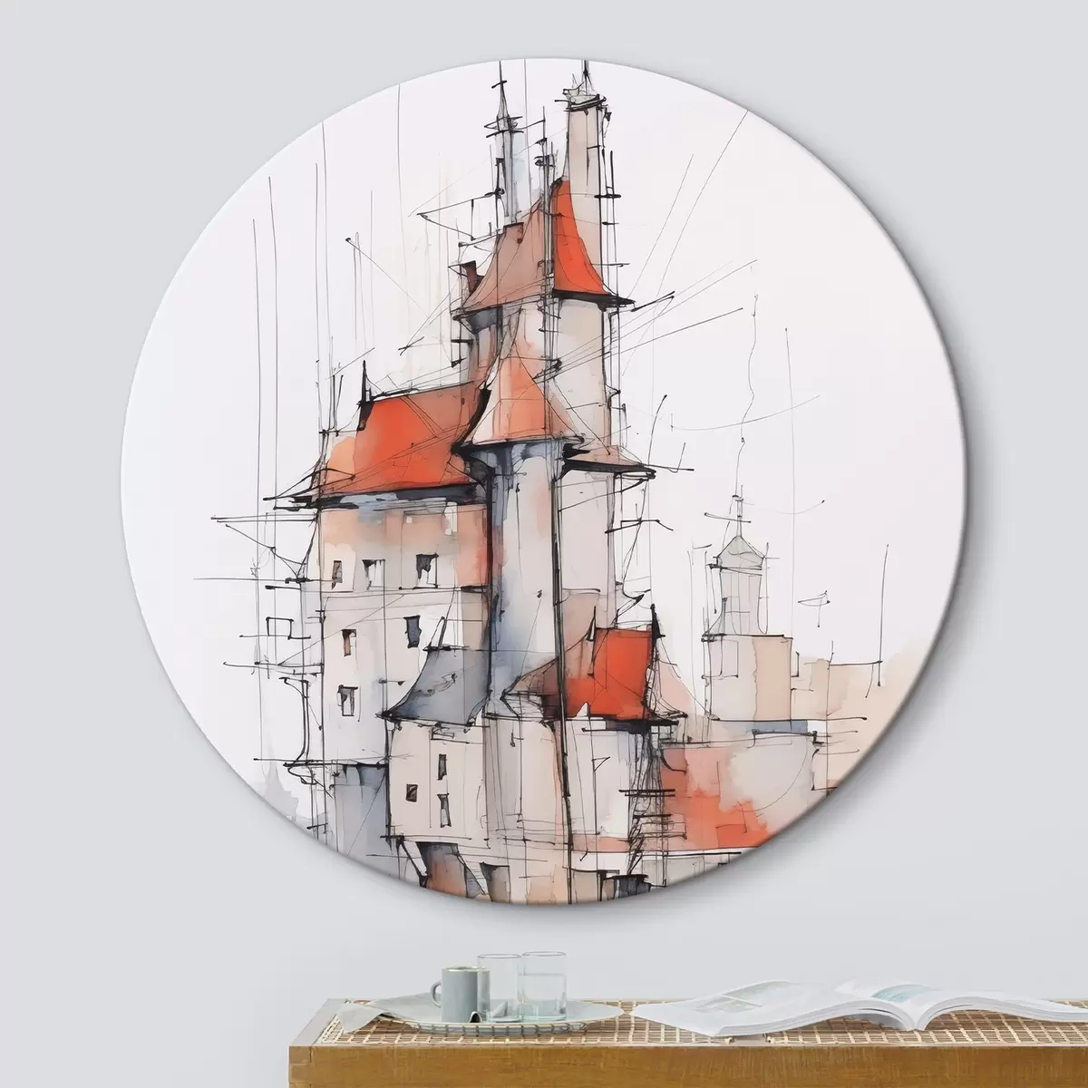 Runde Wandbilder Häuser-Imitation, Skizze und Aquarell r45764