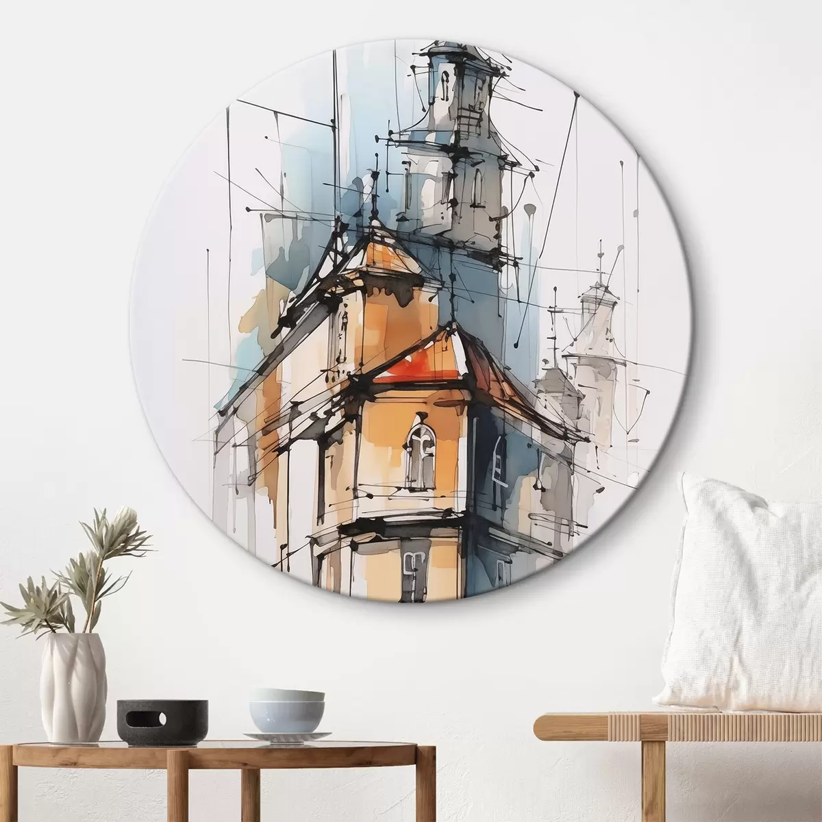 Runde Wandbilder Häuser-Imitation, Skizze und Aquarell r45765