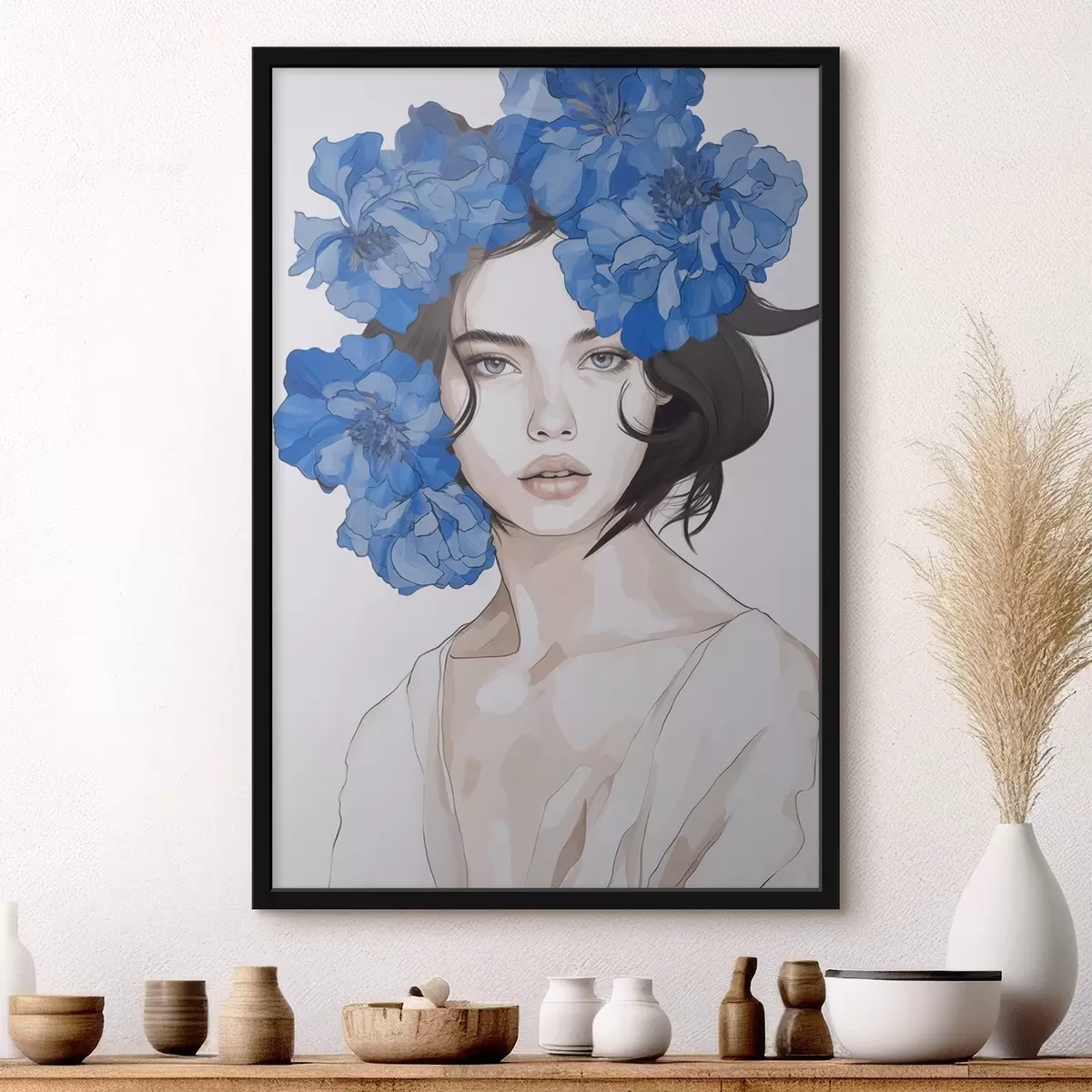 Poster Porträt eines Mädchens mit blauen Blumen f45756