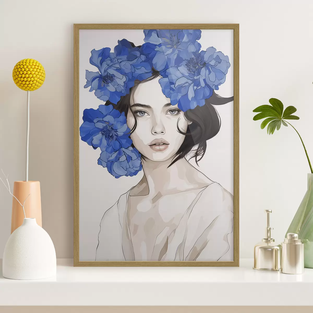 Poster Porträt eines Mädchens mit blauen Blumen f45756