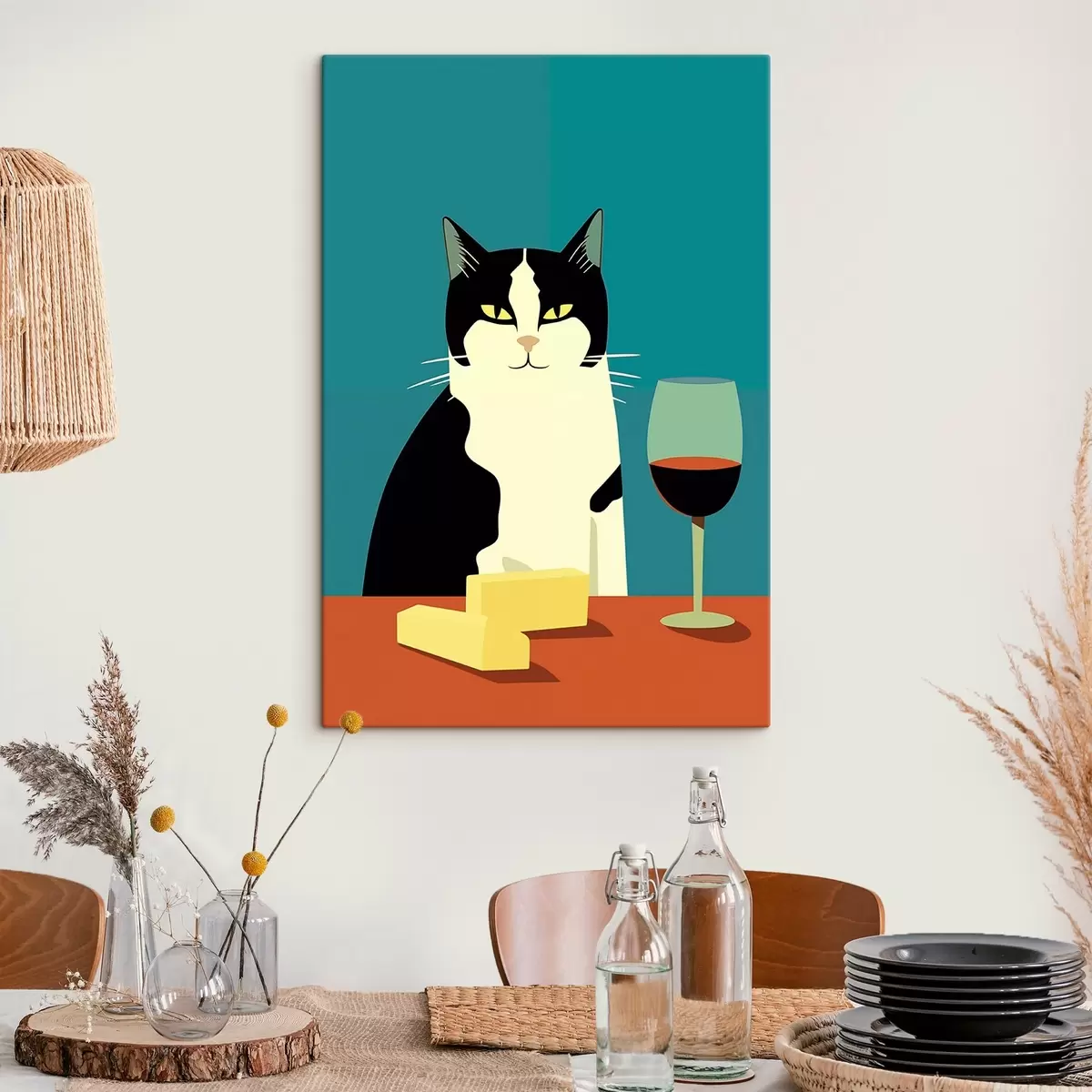 Fototapete Katze mit Wein und Käse s45801