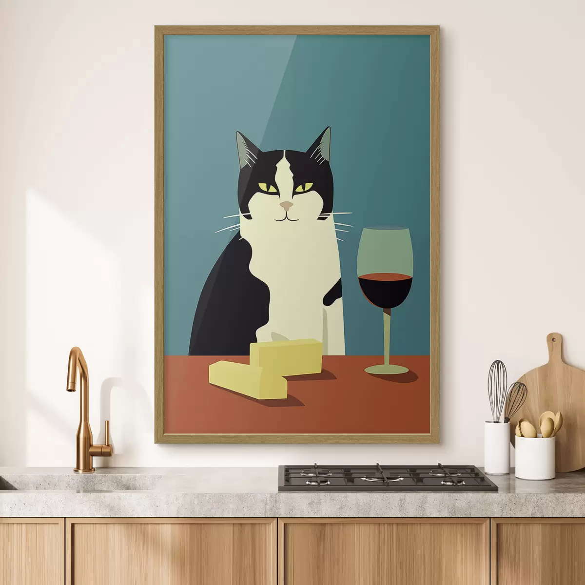 Poster Katze mit Wein und Käse f45801
