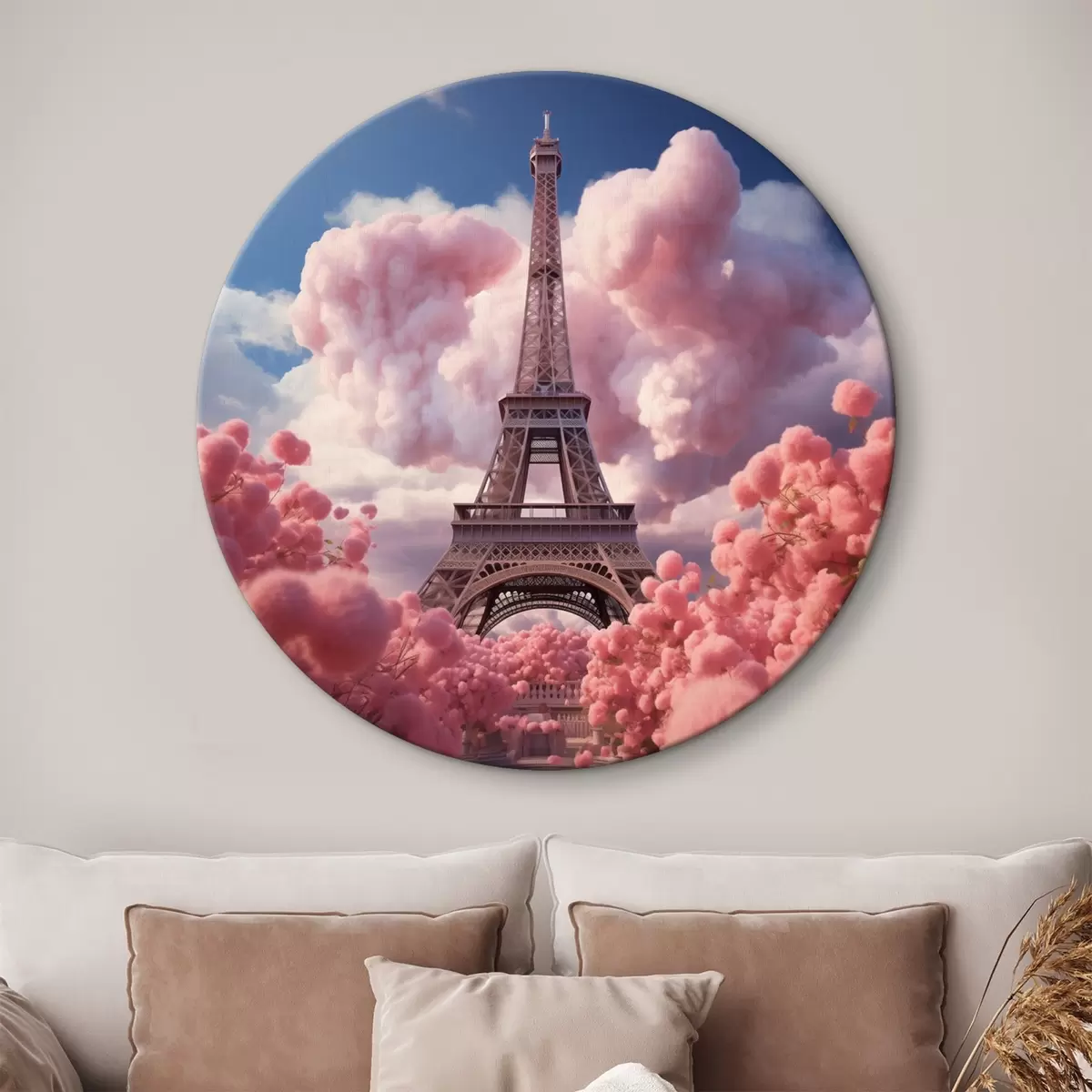 Runde Wandbilder Eiffelturm in rosa Wolken im Fantasy-Stil r45036