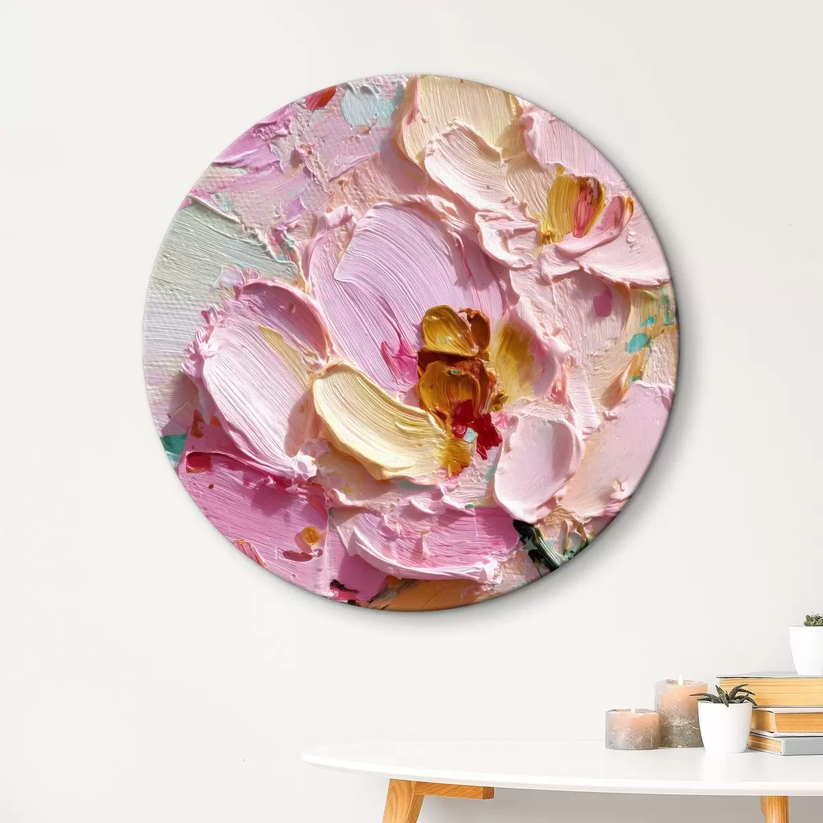 Runde Wandbilder Rosa Magnolien: Strukturierte Malerei mit dimensionalen Strichen r45249