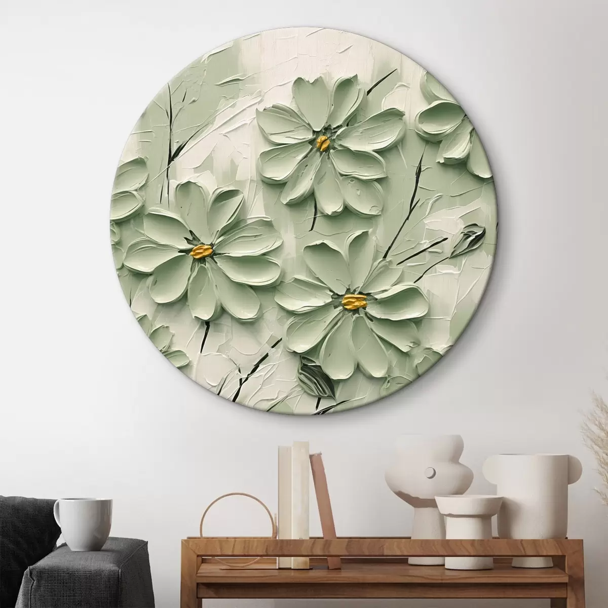 Runde Wandbilder Grüne Blumen mit gelben Zentren gemalt in dicken Pinselstrichen auf einem hellen Hintergrund r45265
