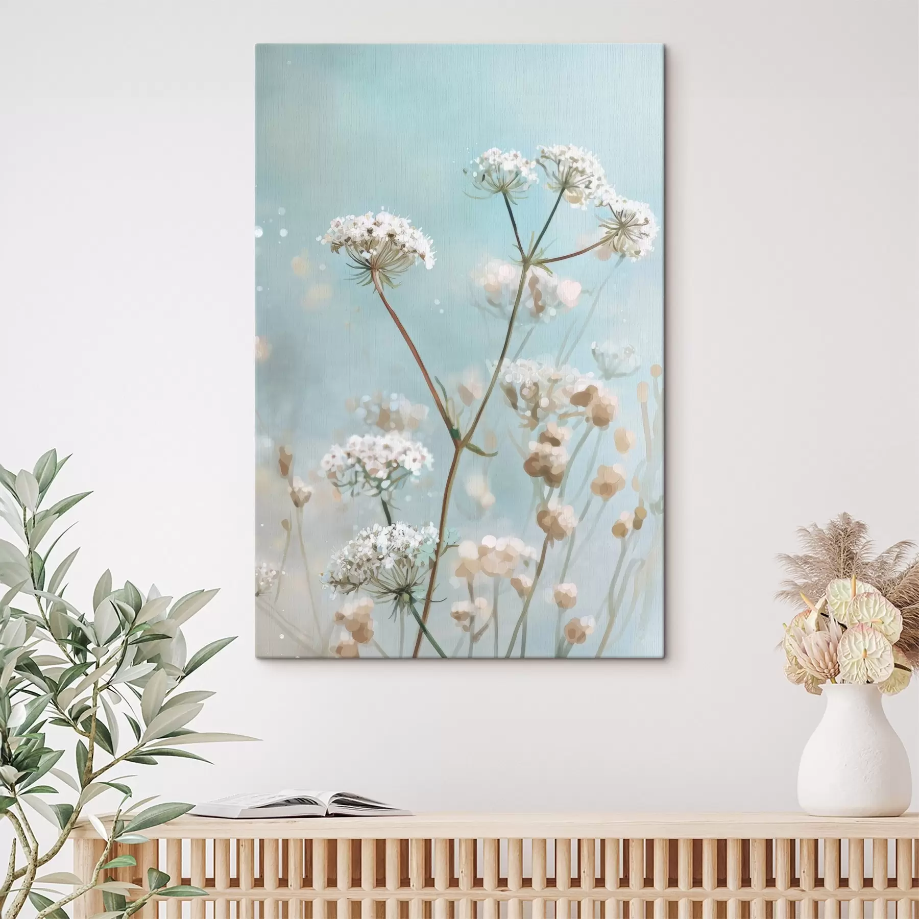 Fototapete Königin-Annes-Spitze-Blumen im Aquarellstil auf blauem Hintergrund s45722