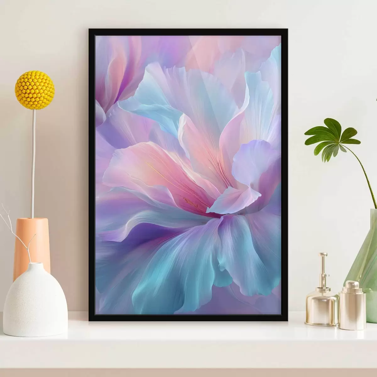 Poster eine zarte Fantasieblume mit Blütenblättern in Violett-, Blau- und Rosatönen. f45710