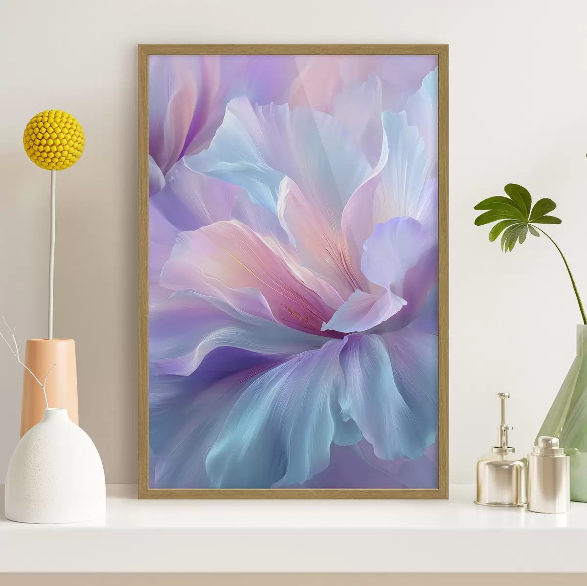 Poster eine zarte Fantasieblume mit Blütenblättern in Violett-, Blau- und Rosatönen f45710