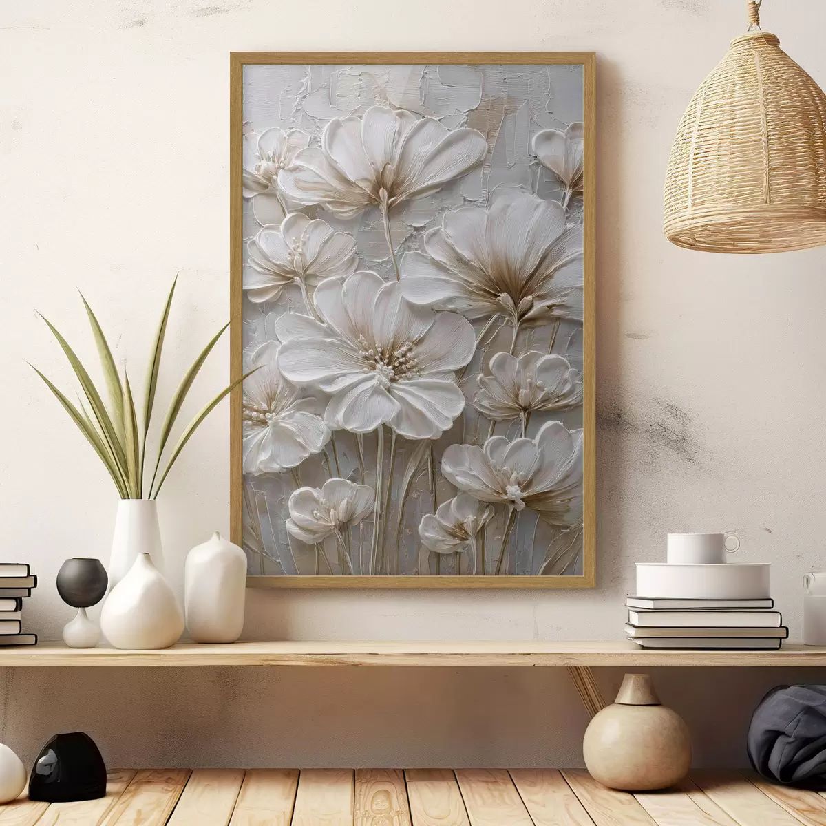 Poster cremefarbene Blumen im Imitations-Impasto-Stil f45712