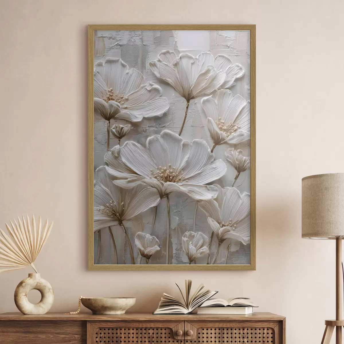 Poster cremefarbene Blumen im Imitations-Impasto-Stil f45713