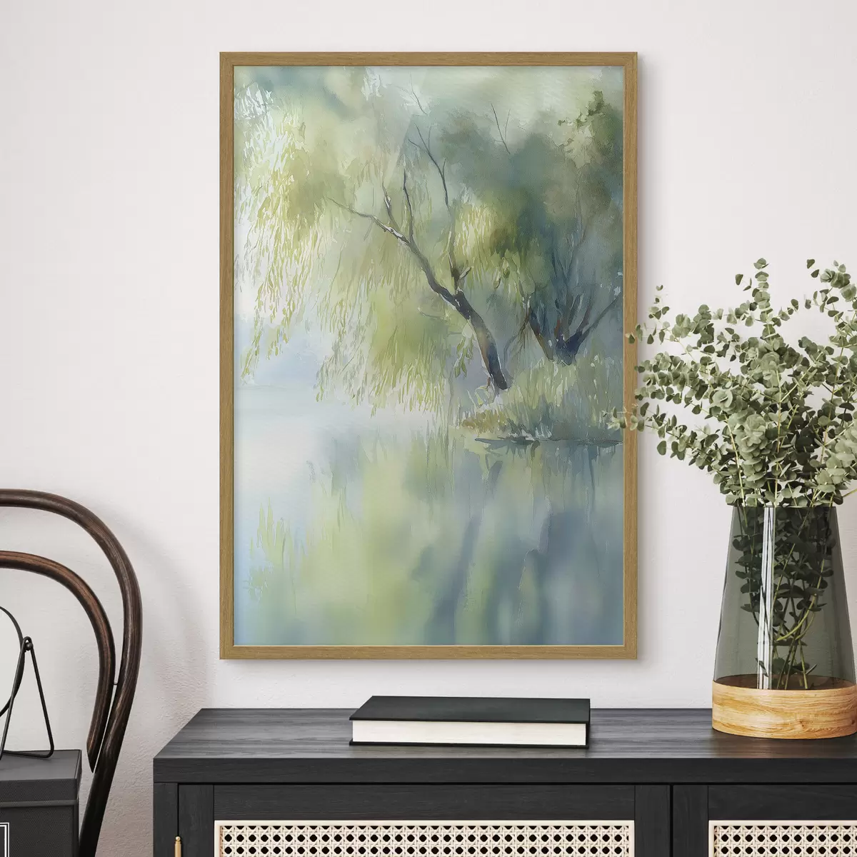 Poster weidenbaum am Seeufer im Aquarellstil f45715