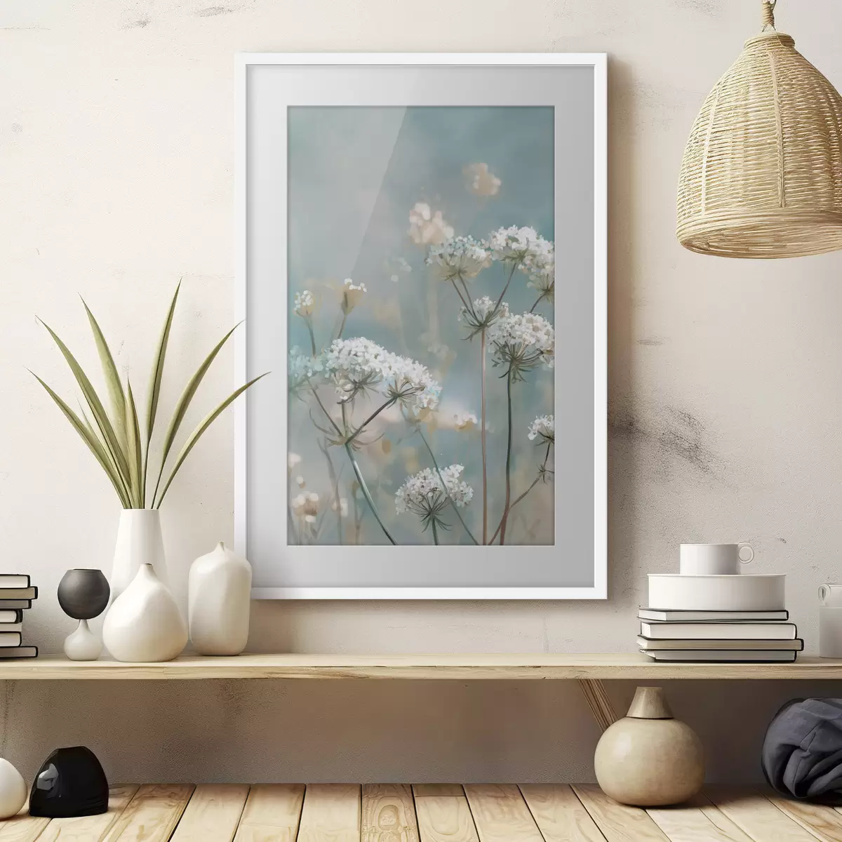 Poster Königin-Annes-Spitze-Blumen im Aquarellstil auf blauem Hintergrund f45721