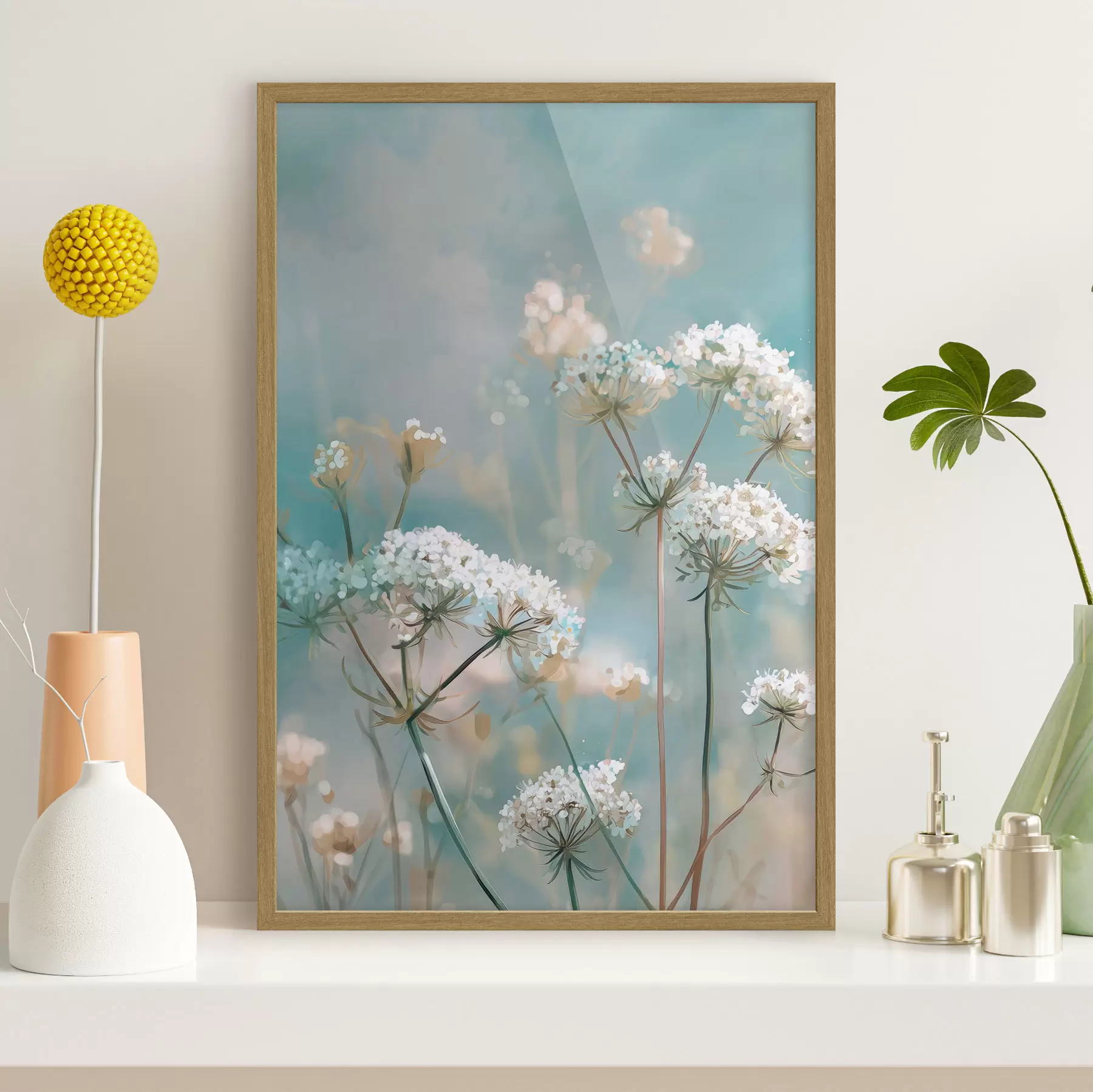 Fototapete Königin-Annes-Spitze-Blumen im Aquarellstil auf blauem Hintergrund f45721