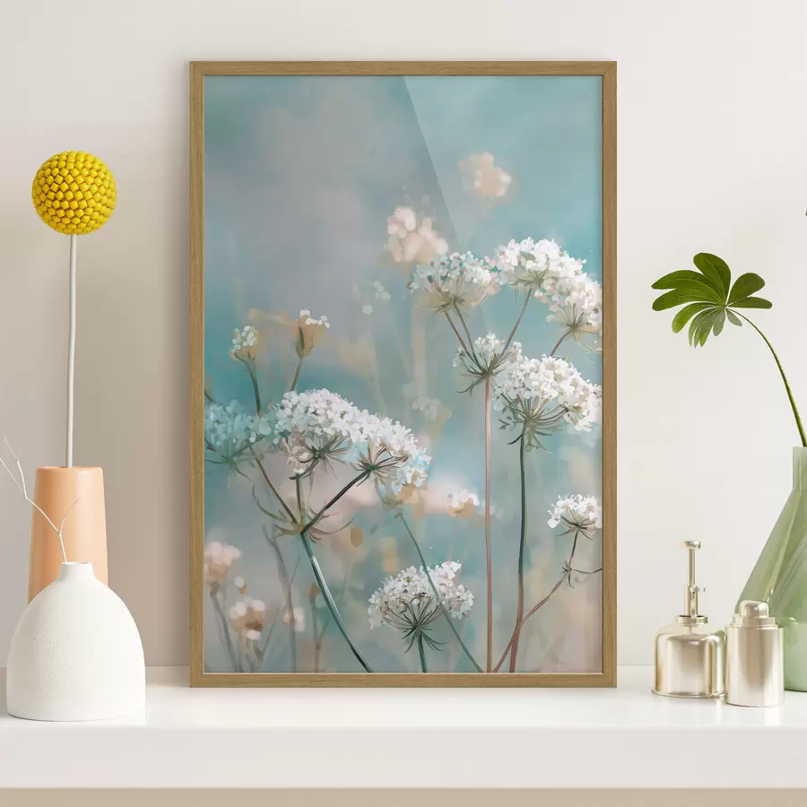 Fototapete Königin-Annes-Spitze-Blumen im Aquarellstil auf blauem Hintergrund f45721