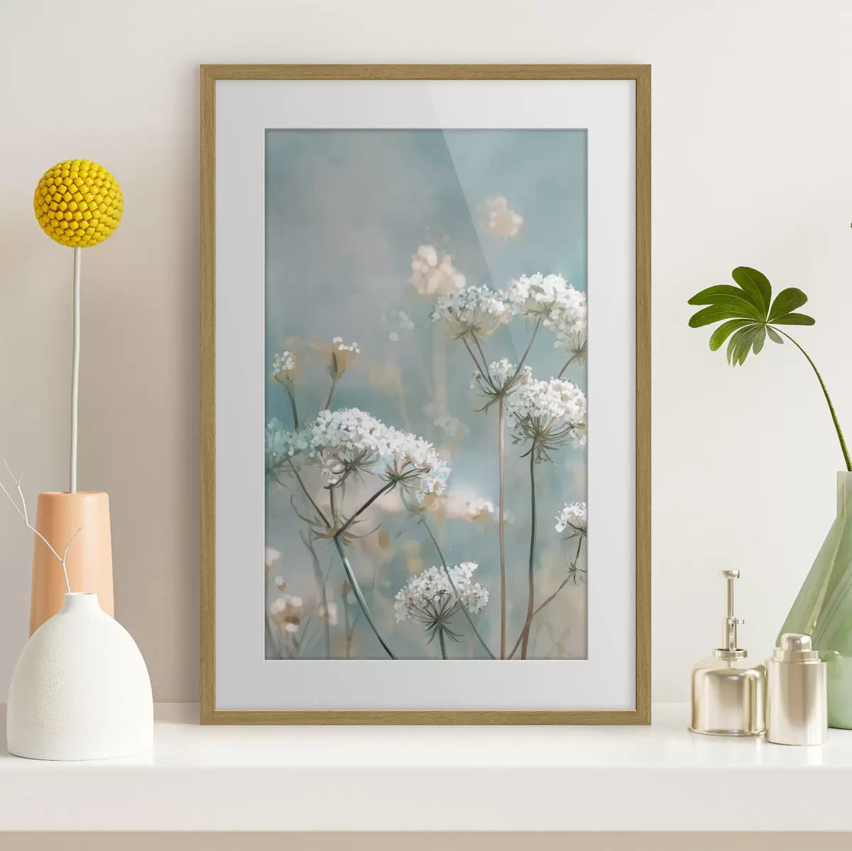 Poster Königin-Annes-Spitze-Blumen im Aquarellstil auf blauem Hintergrund f45721