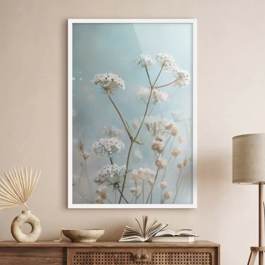 Fototapete Königin-Annes-Spitze-Blumen im Aquarellstil auf blauem Hintergrund f45722