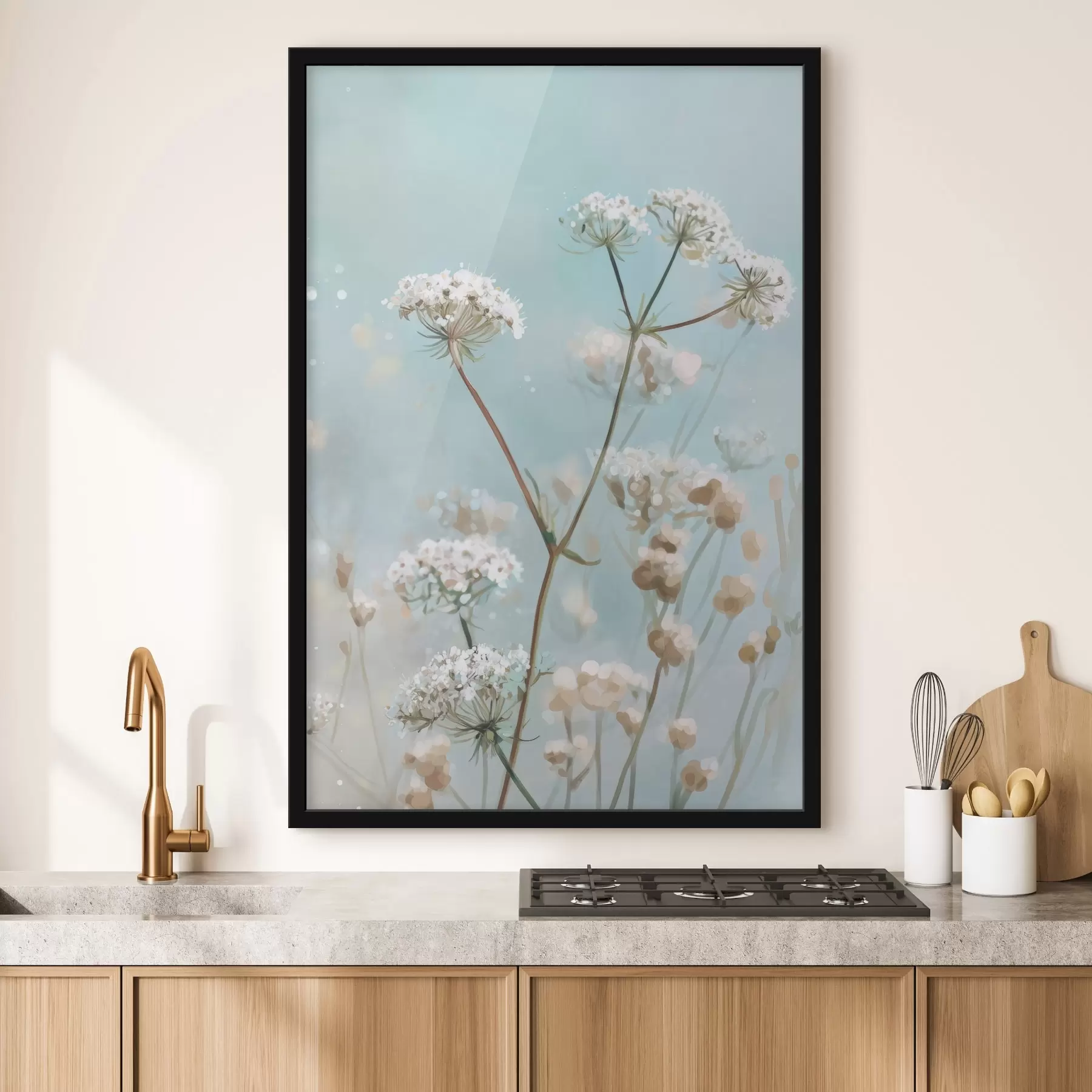 Fototapete Königin-Annes-Spitze-Blumen im Aquarellstil auf blauem Hintergrund f45722
