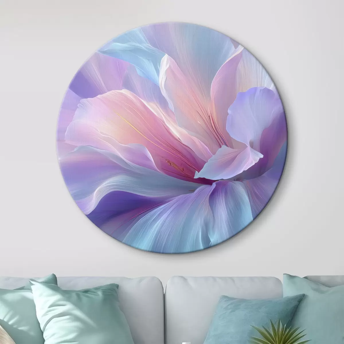 Runde Wandbilder eine zarte Fantasieblume mit Blütenblättern in Violett-, Blau- und Rosatönen. r45710
