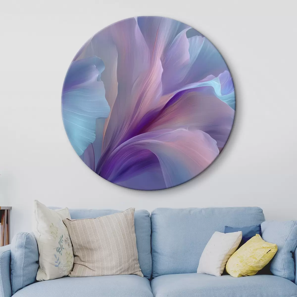 Runde Wandbilder eine zarte Fantasieblume mit Blütenblättern in Violett-, Blau- und Rosatönen. r45711