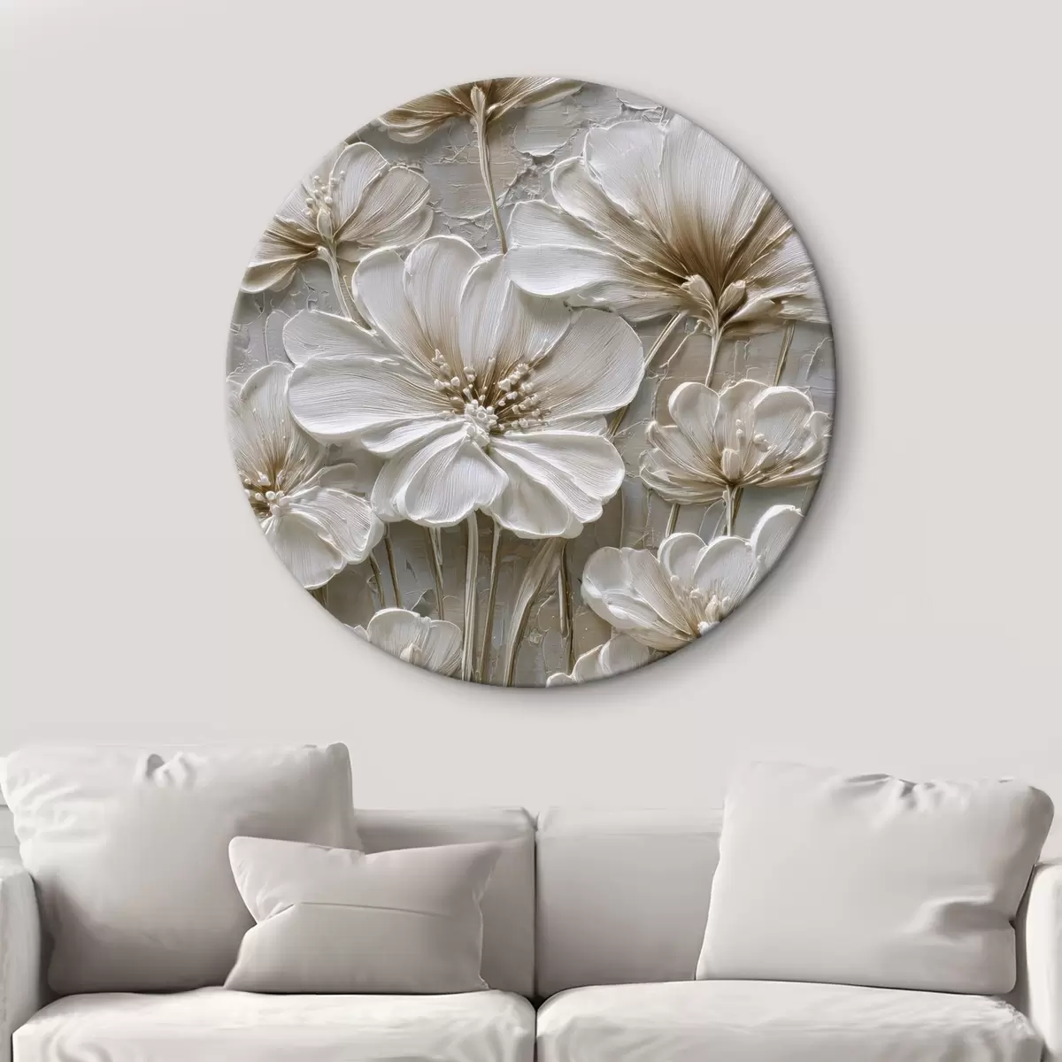 Runde Wandbilder cremefarbene Blumen im Imitations-Impasto-Stil r45712