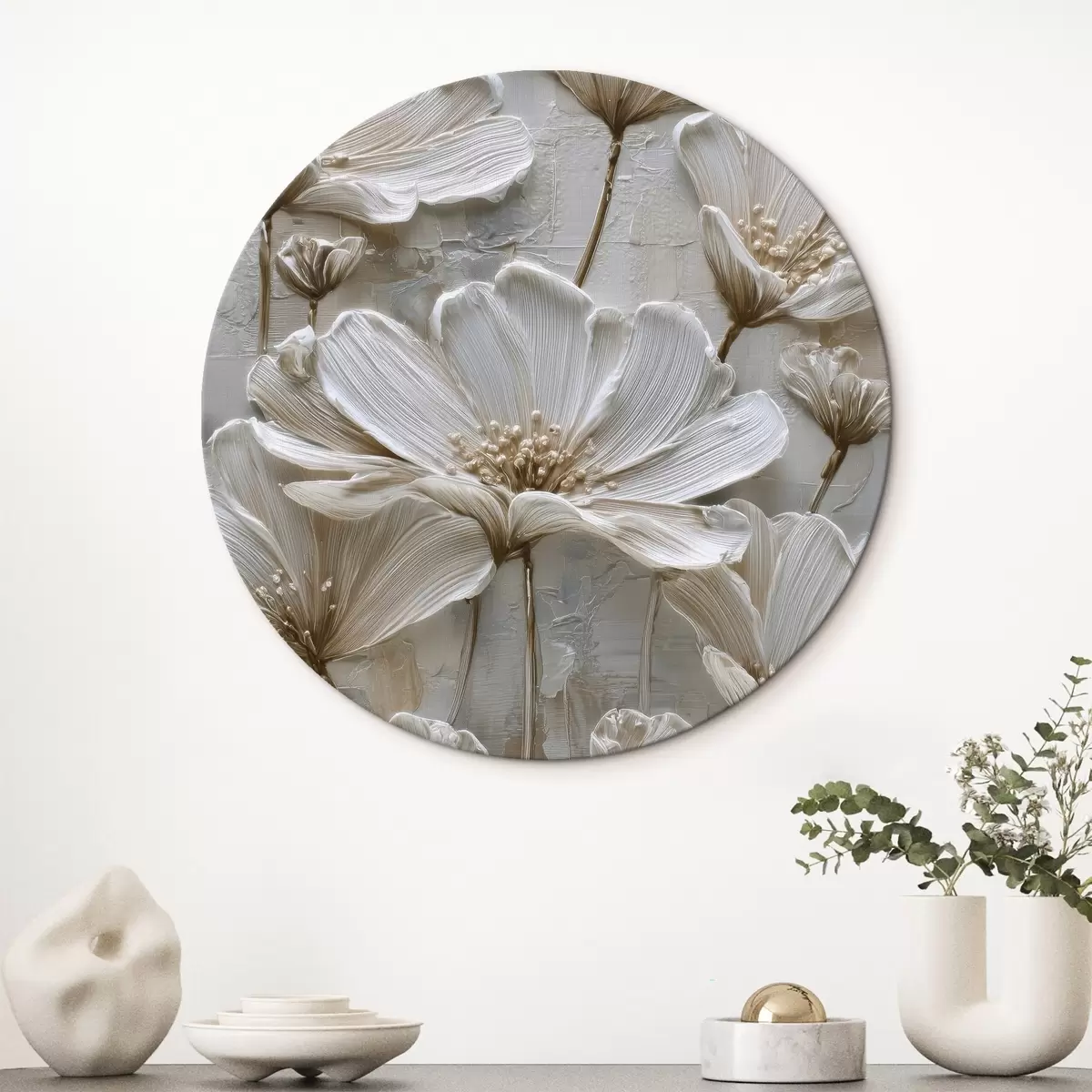 Runde Wandbilder cremefarbene Blumen im Imitations-Impasto-Stil r45713