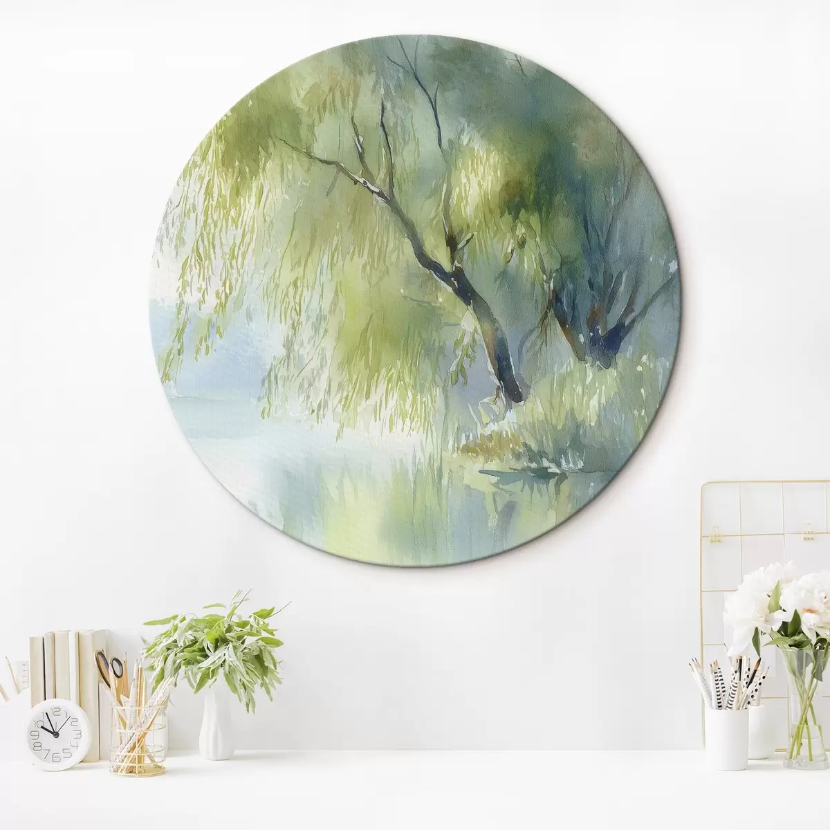 Runde Wandbilder weidenbaum am Seeufer im Aquarellstil r45715