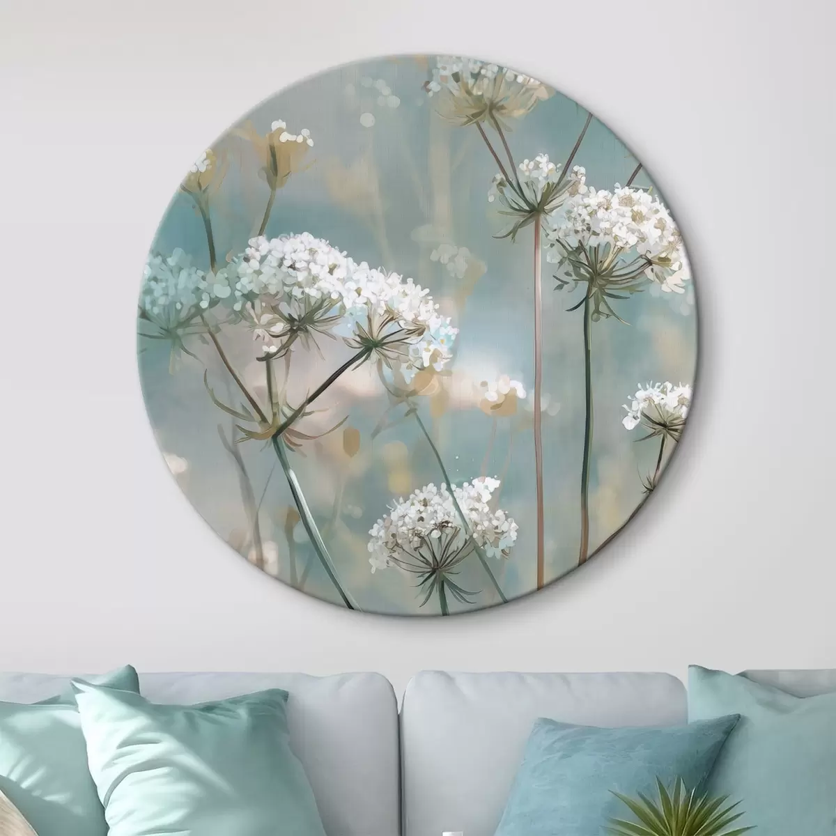 Runde Wandbilder Königin-Annes-Spitze-Blumen im Aquarellstil auf blauem Hintergrund r45721