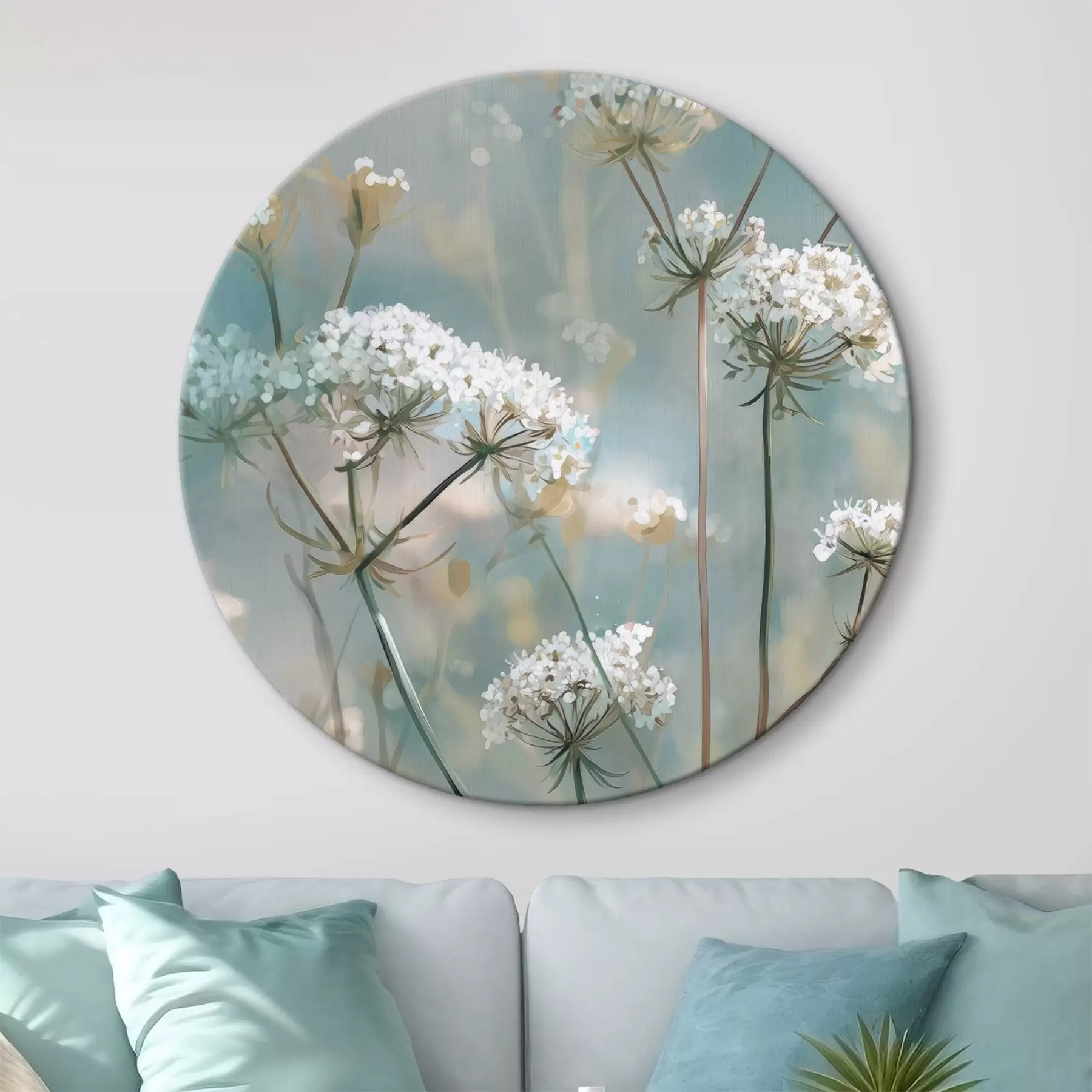 Fototapete Königin-Annes-Spitze-Blumen im Aquarellstil auf blauem Hintergrund r45721