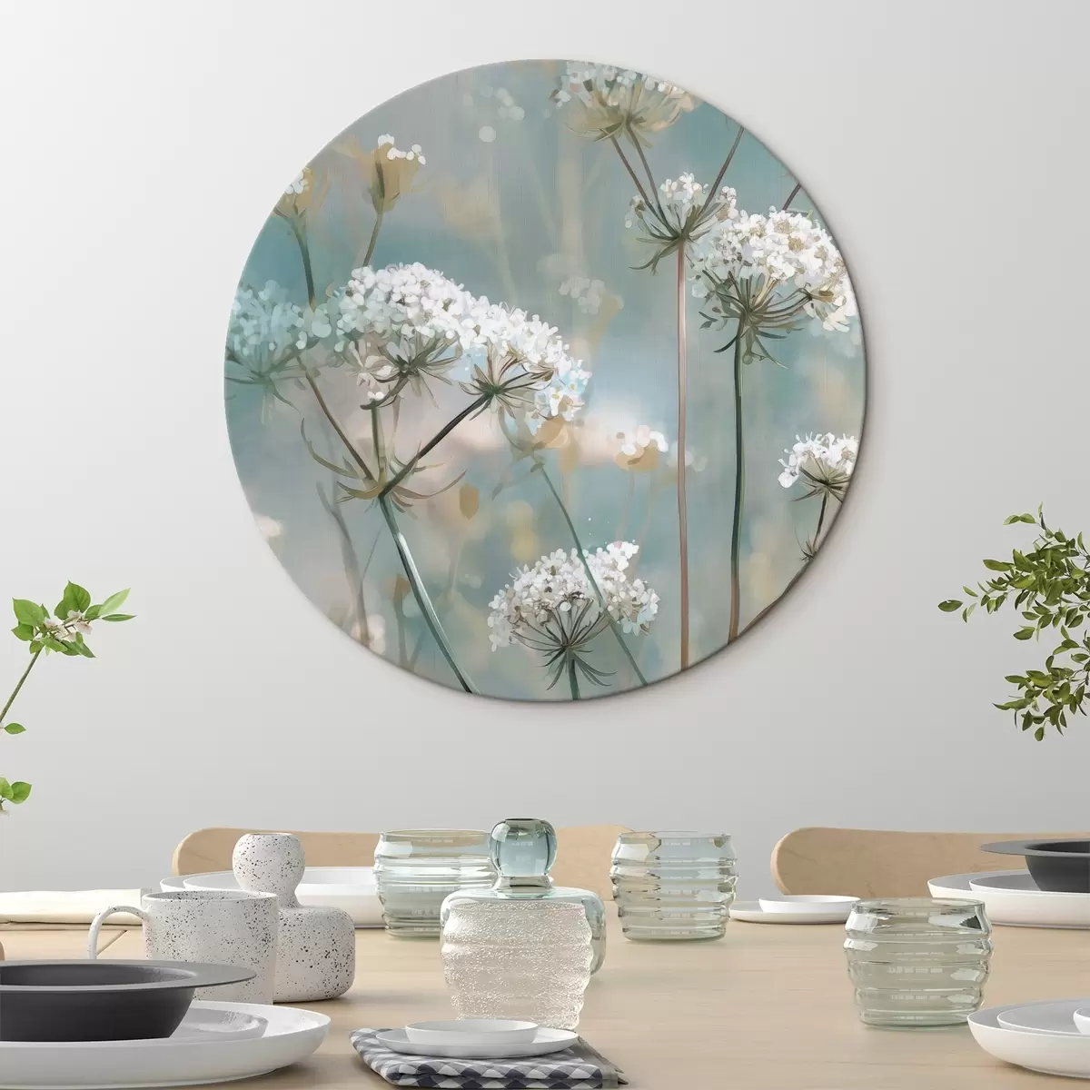 Runde Wandbilder Königin-Annes-Spitze-Blumen im Aquarellstil auf blauem Hintergrund r45721