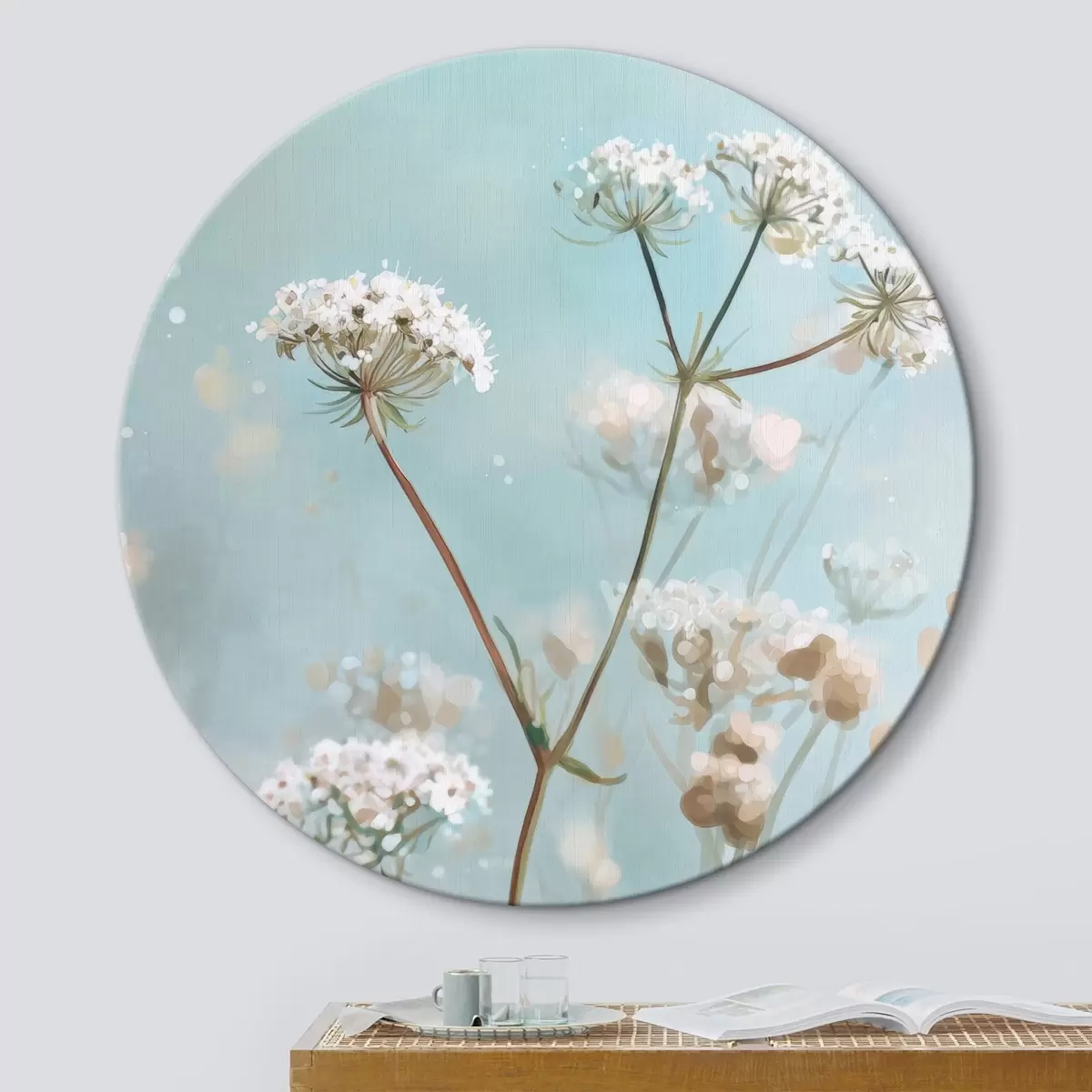Runde Wandbilder Königin-Annes-Spitze-Blumen im Aquarellstil auf blauem Hintergrund r45722
