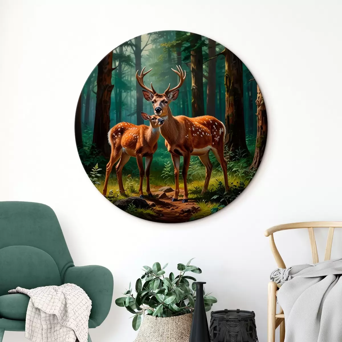 Runde Wandbilder hirsch mit Kitz im Wald r45732