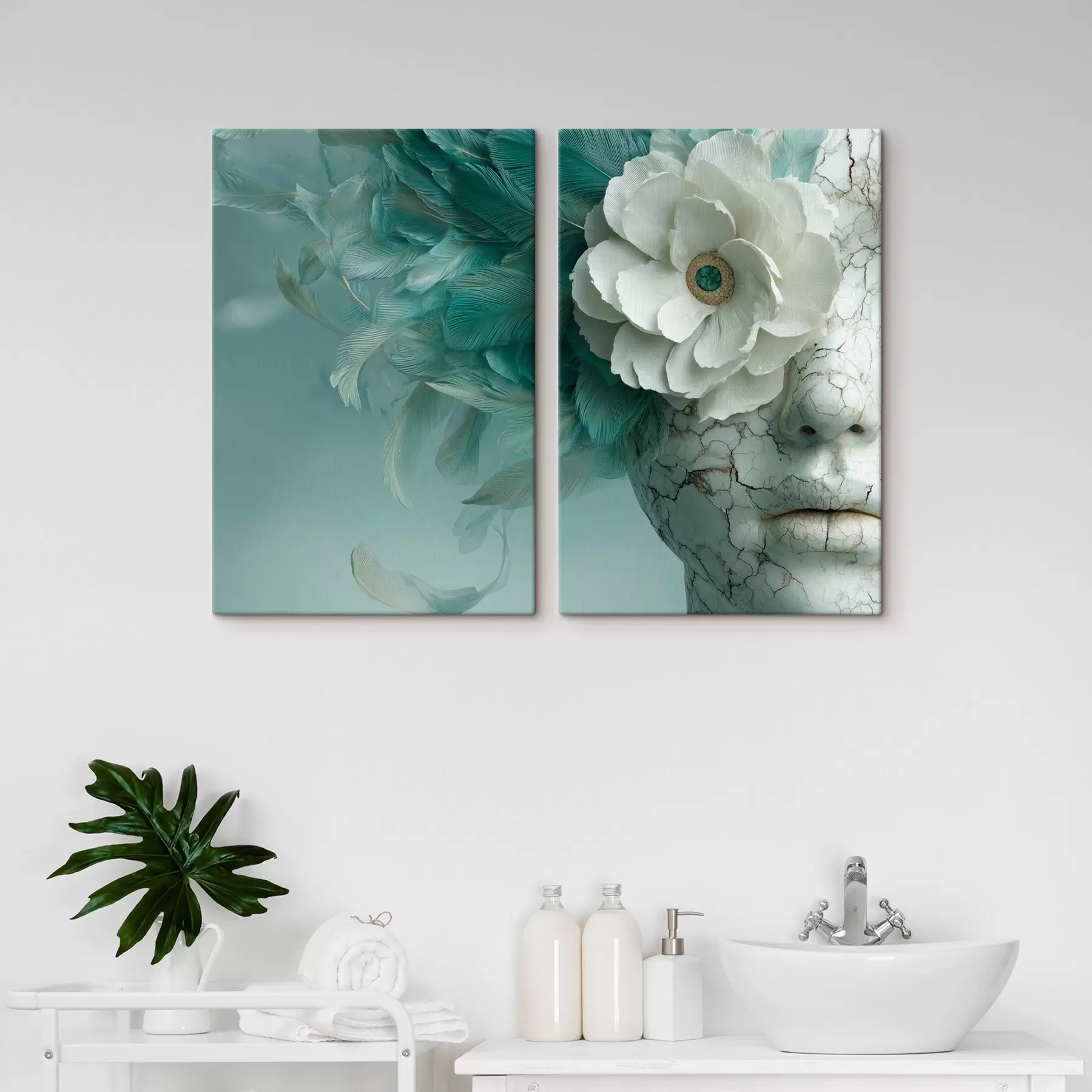 Fototapete marmorgesicht eines Mädchens mit einer Blume und Federn m00699