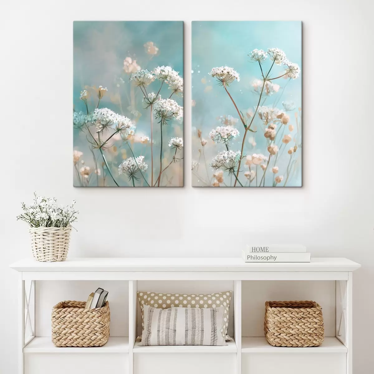 Fototapete Königin-Annes-Spitze-Blumen im Aquarellstil auf blauem Hintergrund m00705