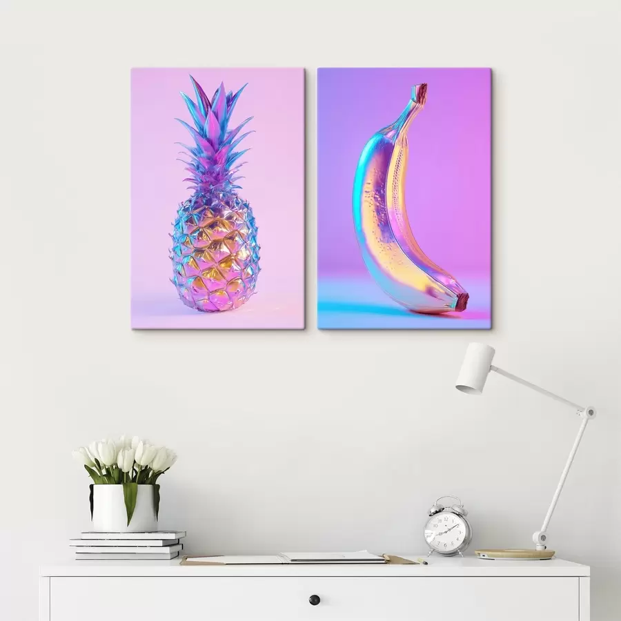 Fototapete leuchtend glänzende Ananas und Banane im Pop-Art-Stil m00737