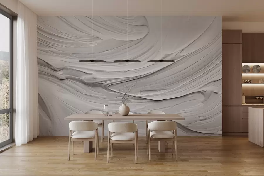 Fototapete Abstrakte, strukturierte weiße Farbstriche in Anlehnung an ein wirbelndes Muster, neutrale, minimalistische, moderne Komposition w09394