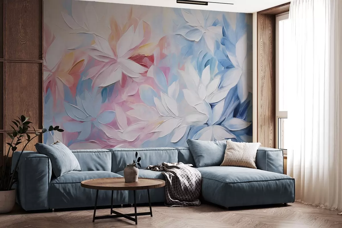 Fototapete Weiße strukturierte Blumen mit rosa und blauen Blättern, Ölgemälde im abstrakten Stil, weiche Pinselstriche, Pastellfarben  w09396