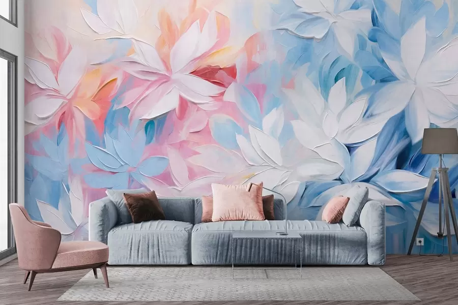 Fototapete Weiße strukturierte Blumen mit rosa und blauen Blättern, Ölgemälde im abstrakten Stil, weiche Pinselstriche, Pastellfarben  w09396