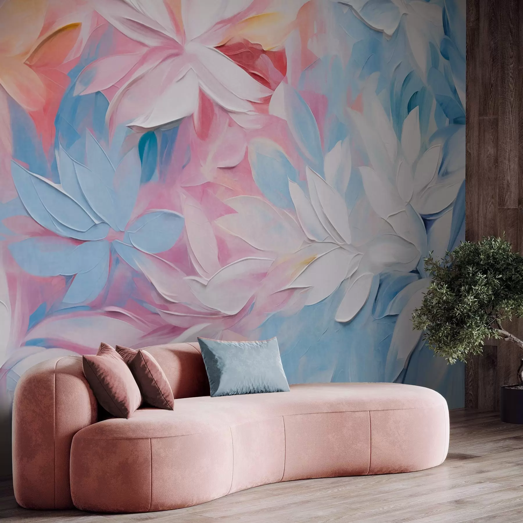 Fototapete Weiße strukturierte Blumen mit rosa und blauen Blättern, Ölgemälde im abstrakten Stil, weiche Pinselstriche, Pastellfarben  w09396