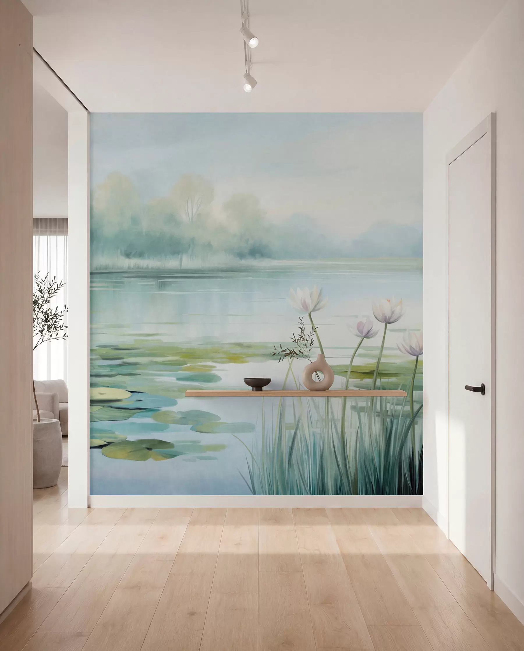 Fototapete Landschaft mit einem See, Seerosen und Seerosenblättern, Bäumen im Hintergrund, in einer ruhigen Umgebung, hellblauen und grünen Farbtönen w09395
