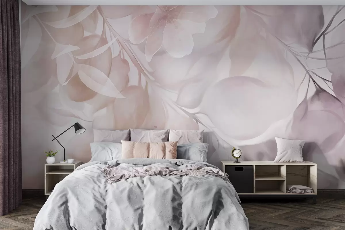 Fototapete Blumenkunst mit gedeckten beige- und braunen Blumen, Blättern und Zweigen, sanften Pastellfarben und Aquarell-Struktureffekt w09397