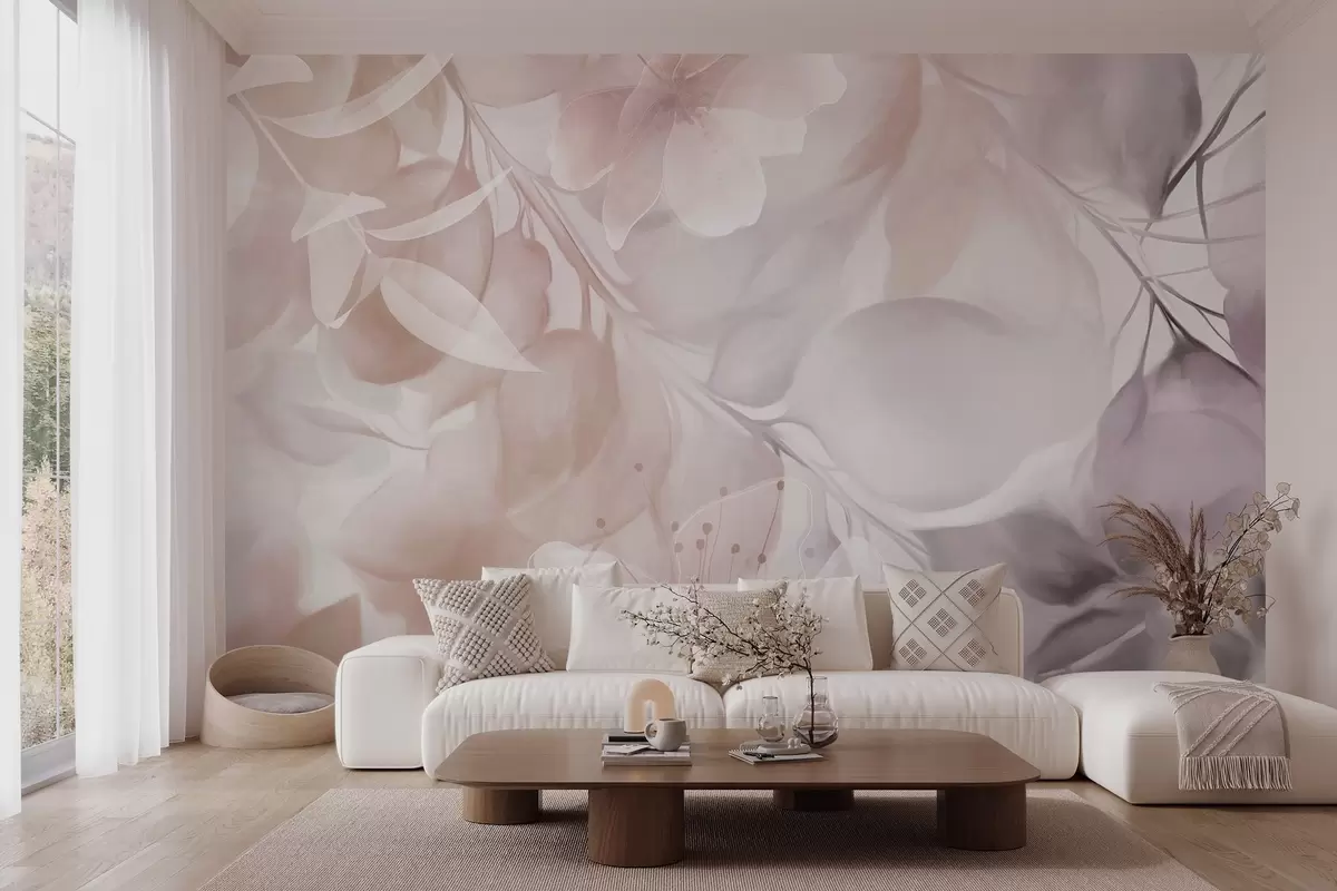 Fototapete Blumenkunst mit gedeckten beige- und braunen Blumen, Blättern und Zweigen, sanften Pastellfarben und Aquarell-Struktureffekt w09397