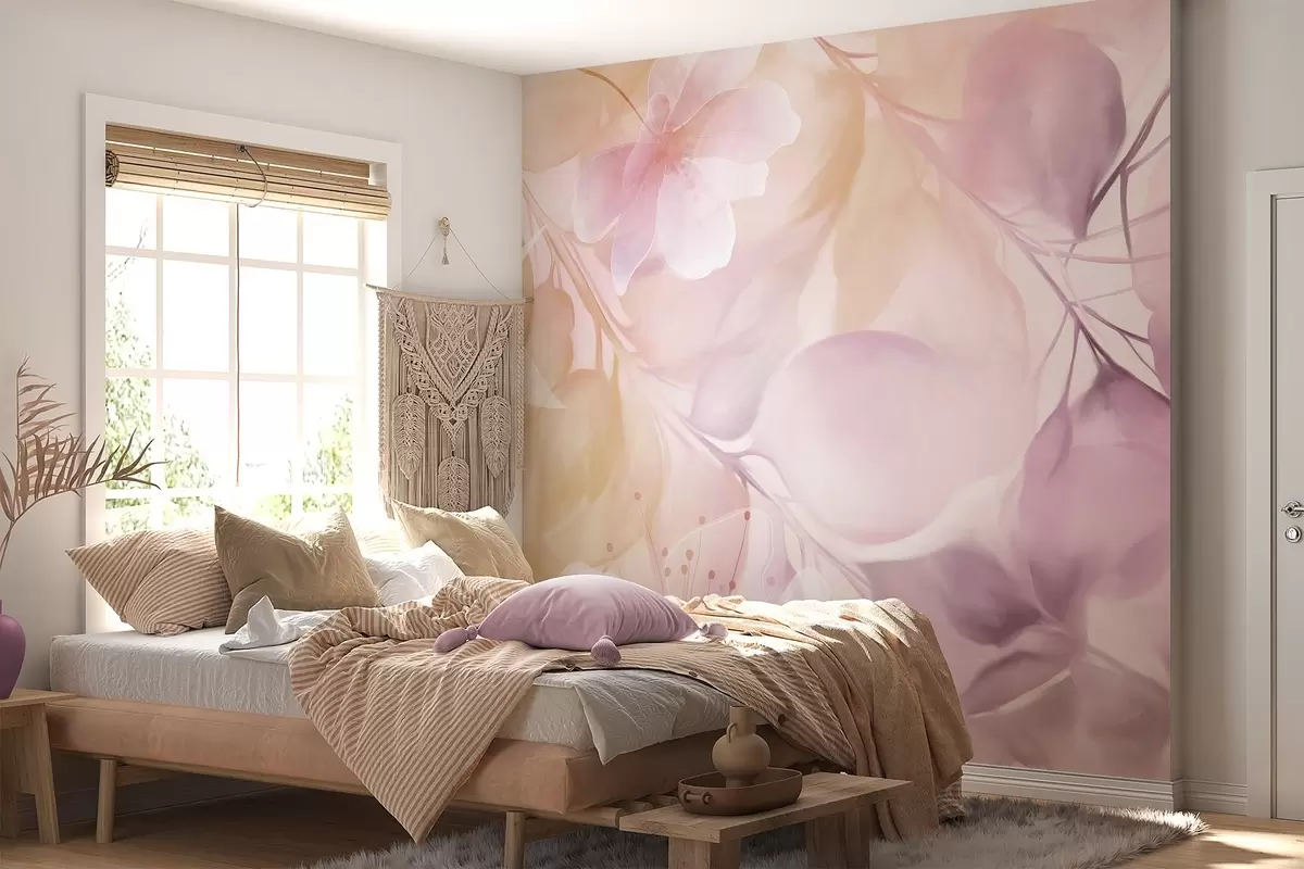 Fototapete Blumenkunst mit gedeckten gelben und violetten Blüten, Blättern und Zweigen, sanften Pastellfarben und Aquarell-Struktureffekt w09397v2