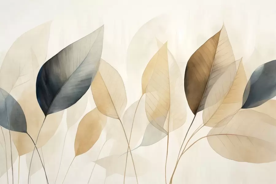 Fototapete Strukturierte Malerei, die Blätter in Braun-, Gelb- und Grautönen mit zarten Adern und Stielen imitiert w09400