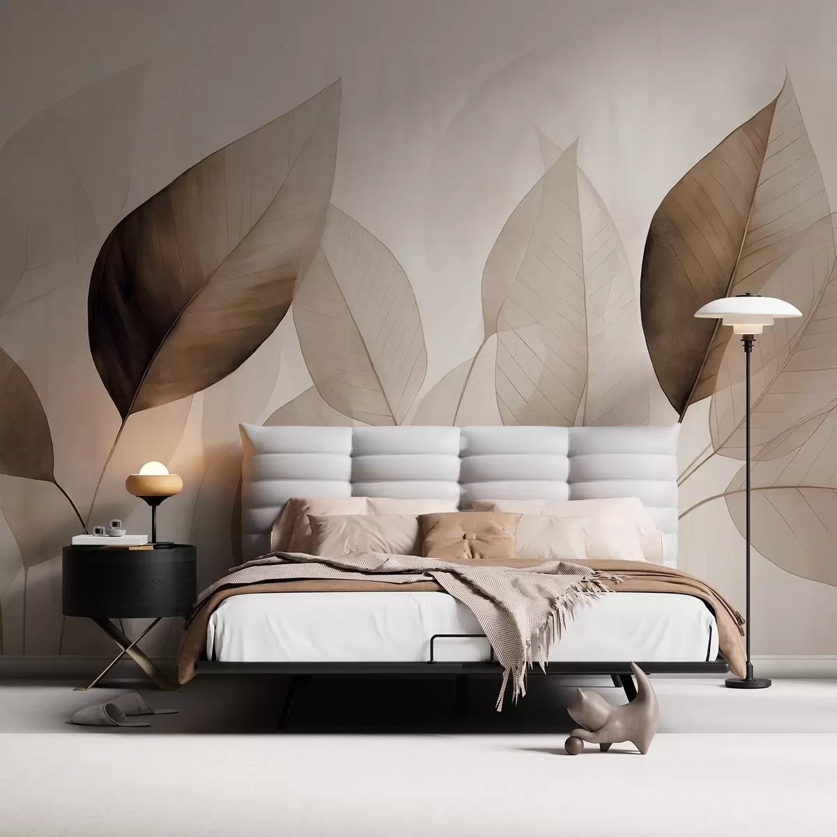 Fototapete Strukturierte Malerei, die Blätter in Braun- und Beigetönen mit zarten Adern und Stielen imitiert w09400v1