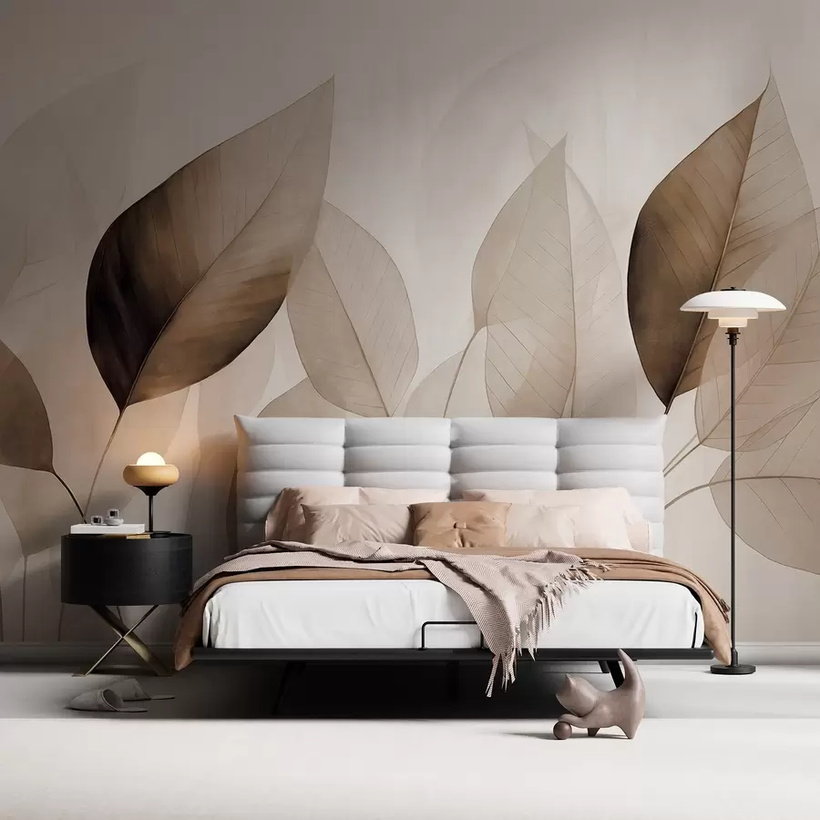 Fototapete Strukturierte Malerei, die Blätter in Braun- und Beigetönen mit zarten Adern und Stielen imitiert w09400v1