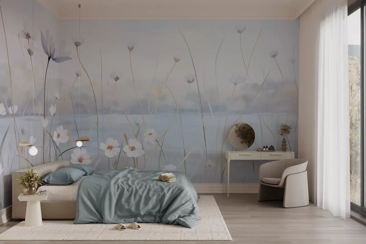 Fototapete Weiße Blumen mit langen Stielen auf einem Feld, hellblauer Himmel, sanfte Farben, strukturiert, minimalistischer Stil, von der Natur inspiriert, ruhiger Hintergrund w09401