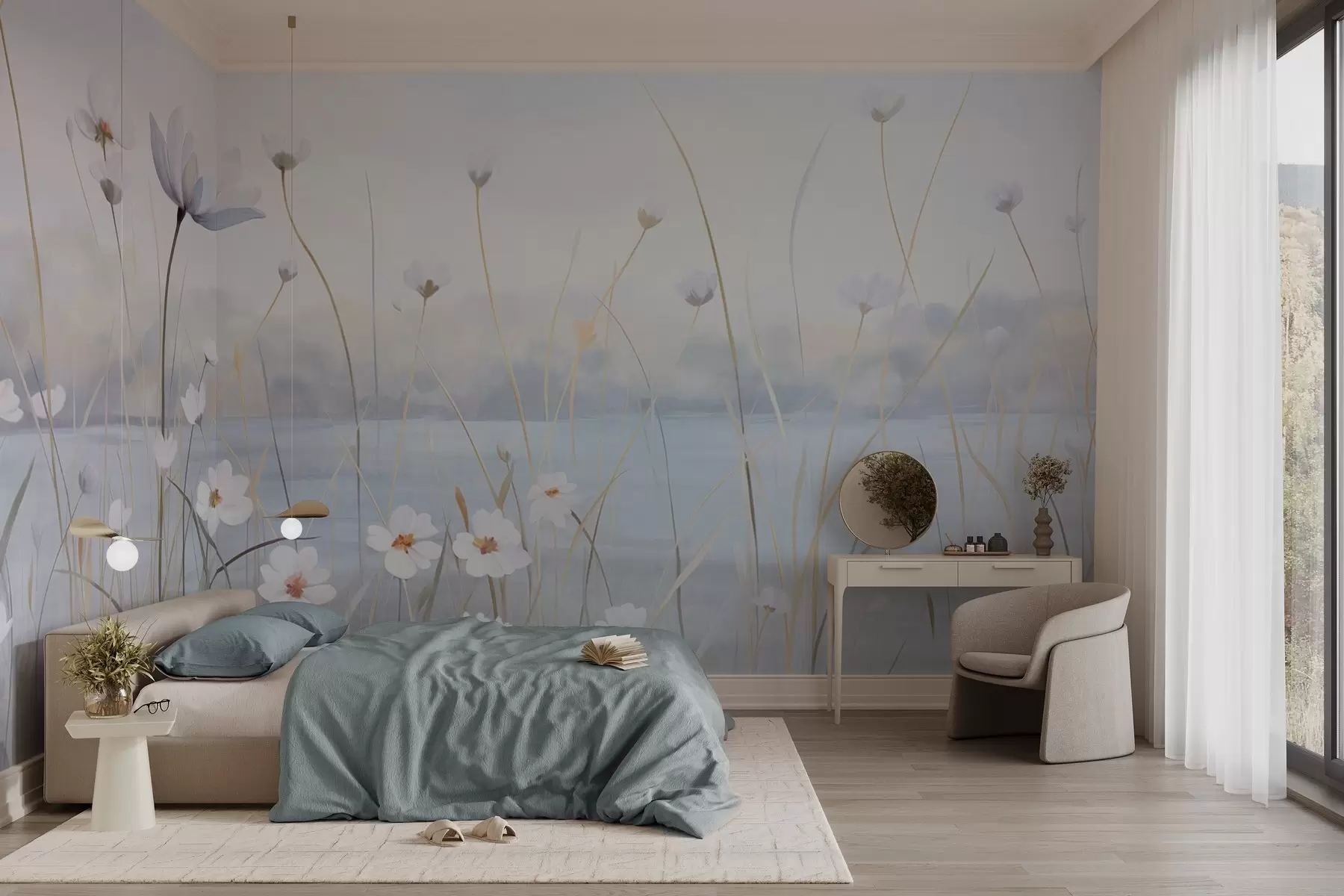 Fototapete Weiße Blumen mit langen Stielen auf einem Feld, hellblauer Himmel, sanfte Farben, strukturiert, minimalistischer Stil, von der Natur inspiriert, ruhiger Hintergrund w09401