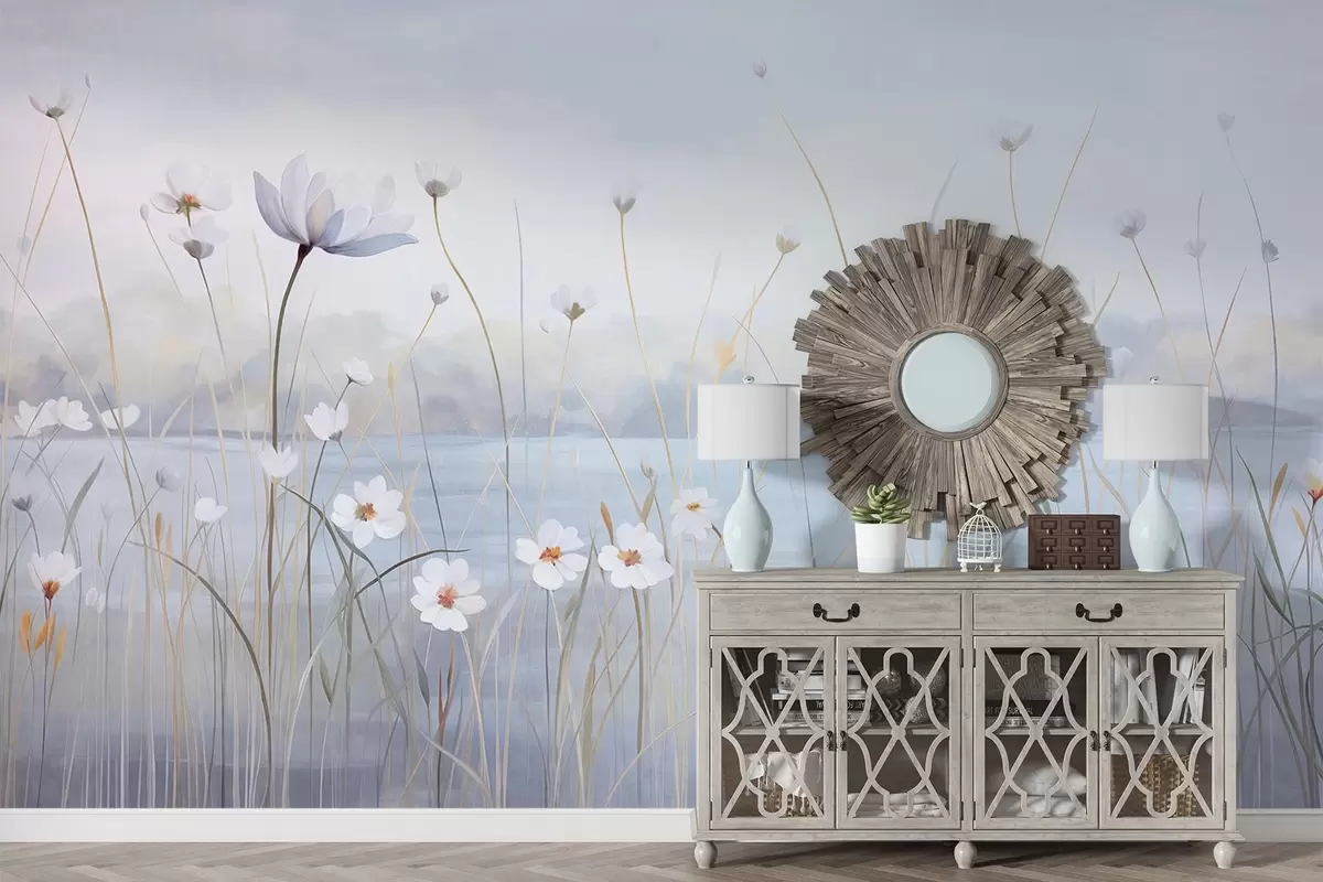 Fototapete Weiße Blumen mit langen Stielen auf einem Feld, hellblauer Himmel, sanfte Farben, strukturiert, minimalistischer Stil, von der Natur inspiriert, ruhiger Hintergrund w09401
